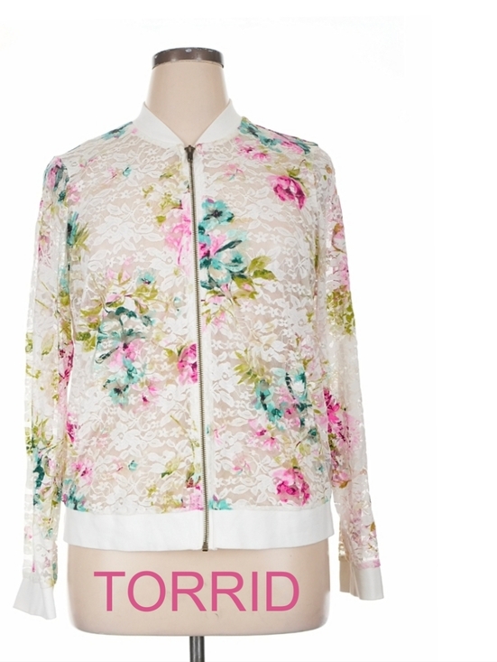 torrid Jackets & Blazers - TORRID White Lace ZIP UP Floral Bomber Jacket with Pink & Teal Accents NICE 👀